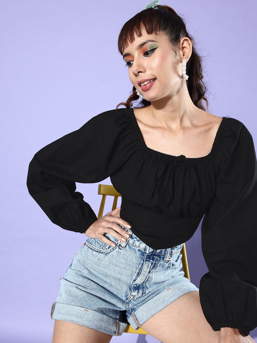 

Mast & Harbour Bold Black Casually Corset Smocked Pure Cotton Crop Top