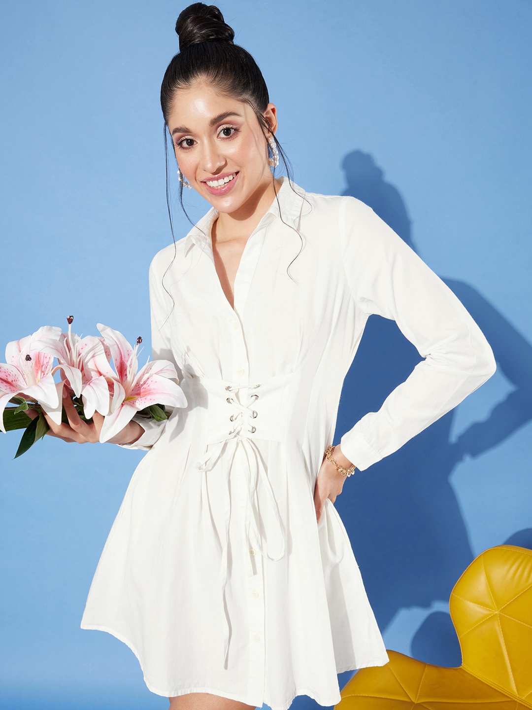 

Mast & Harbour Warm White Solid Pure Cotton Casually Corset Shirt Dress With Tie-up Detail