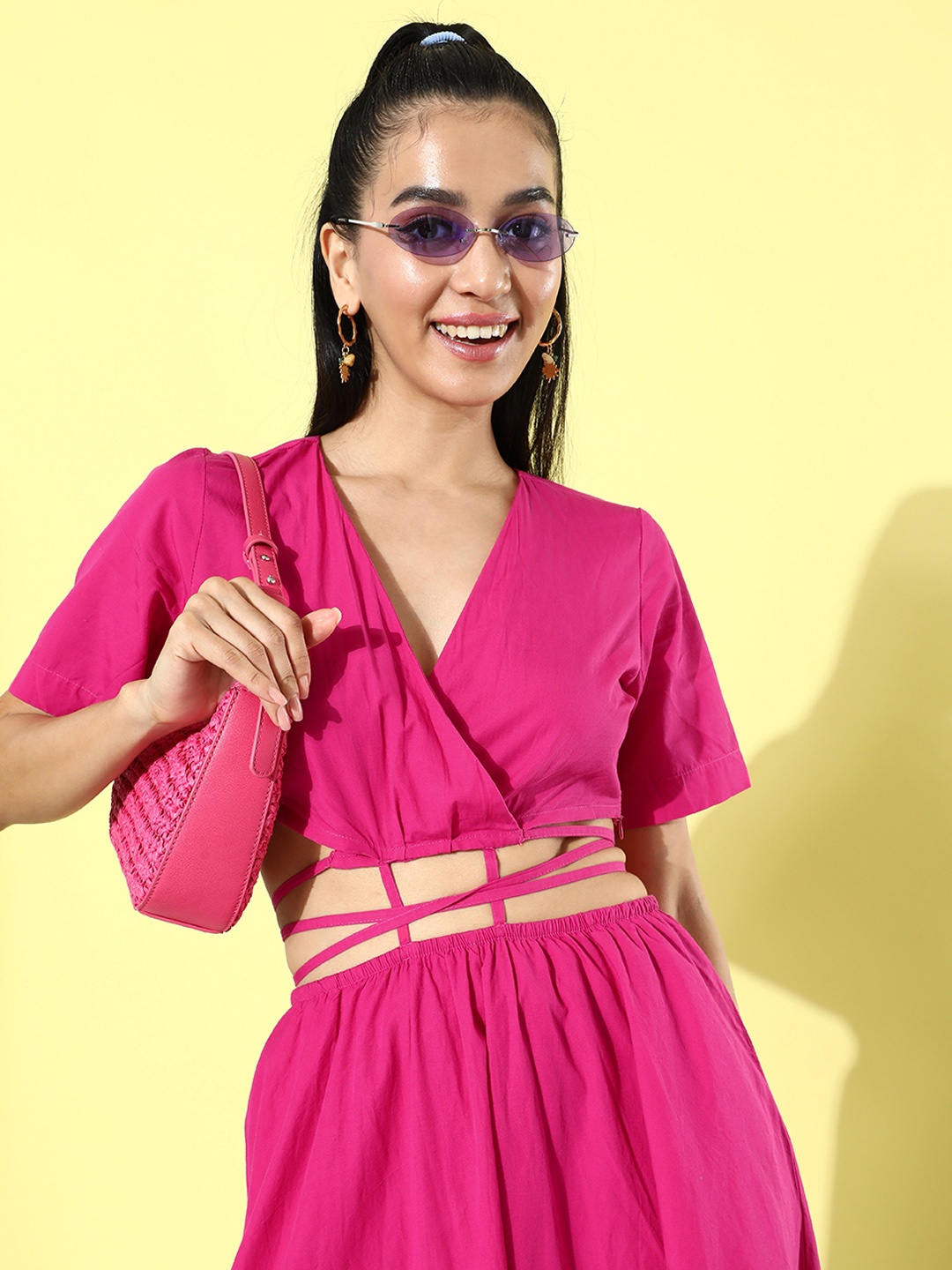 

Mast & Harbour Solid V-Neck Pure Cotton Maxi Dress With Cut-Out And Tie-ups Detail, Fuchsia
