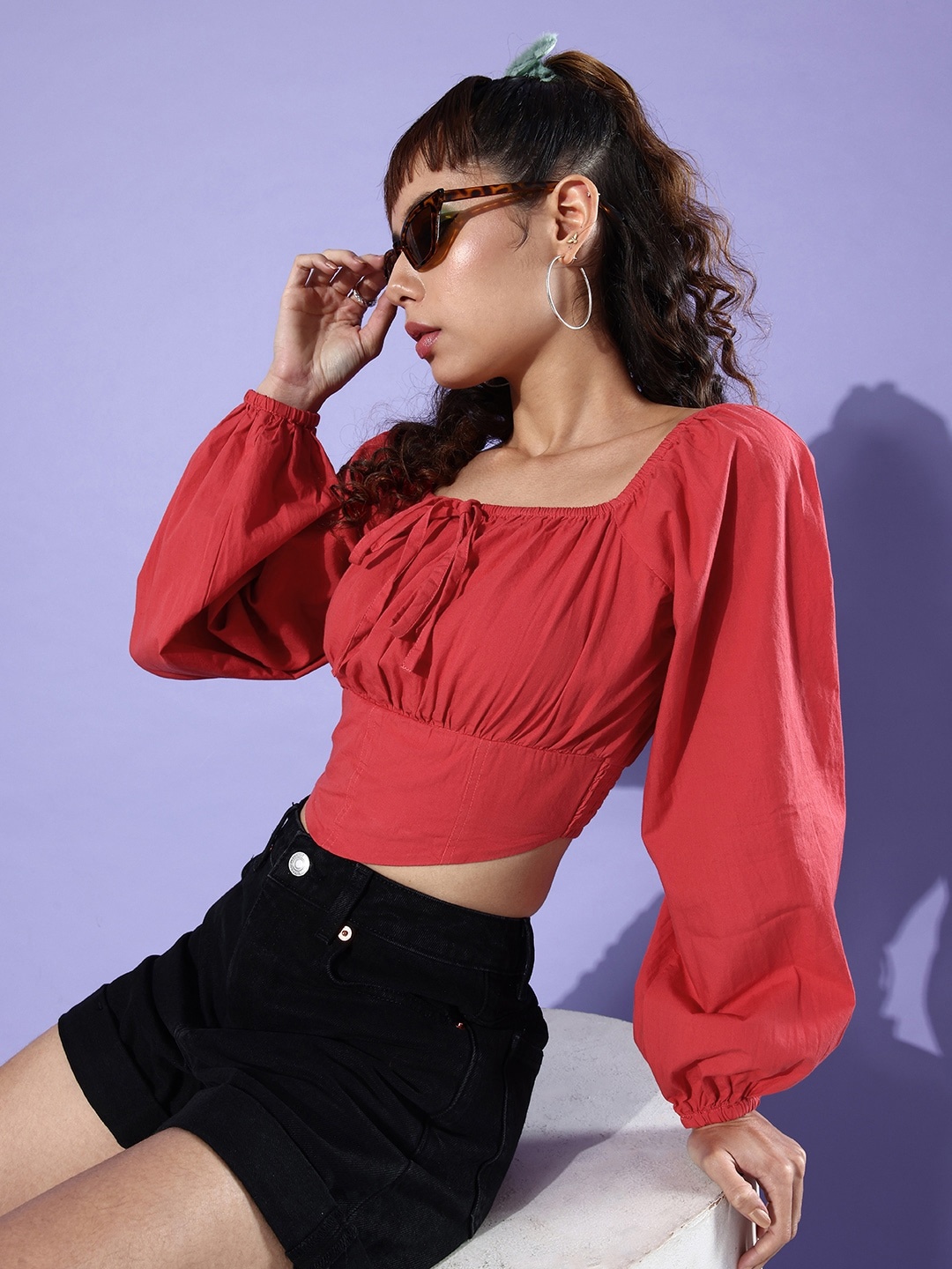

Mast & Harbour Charming Coral Casually Corset Smocked Pure Cotton Crop Top