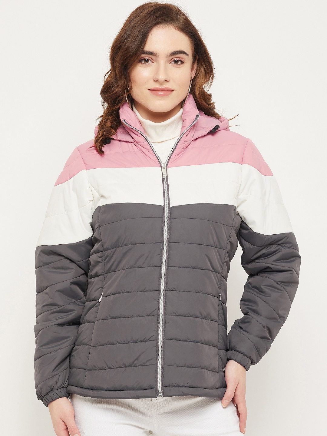 

Duke Women Colourblocked Hooded Padded Jacket, Grey