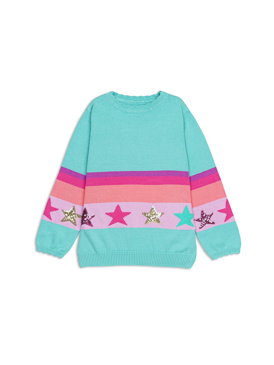 

H By Hamleys Girls Striped Embellished Cotton Pullover, Blue