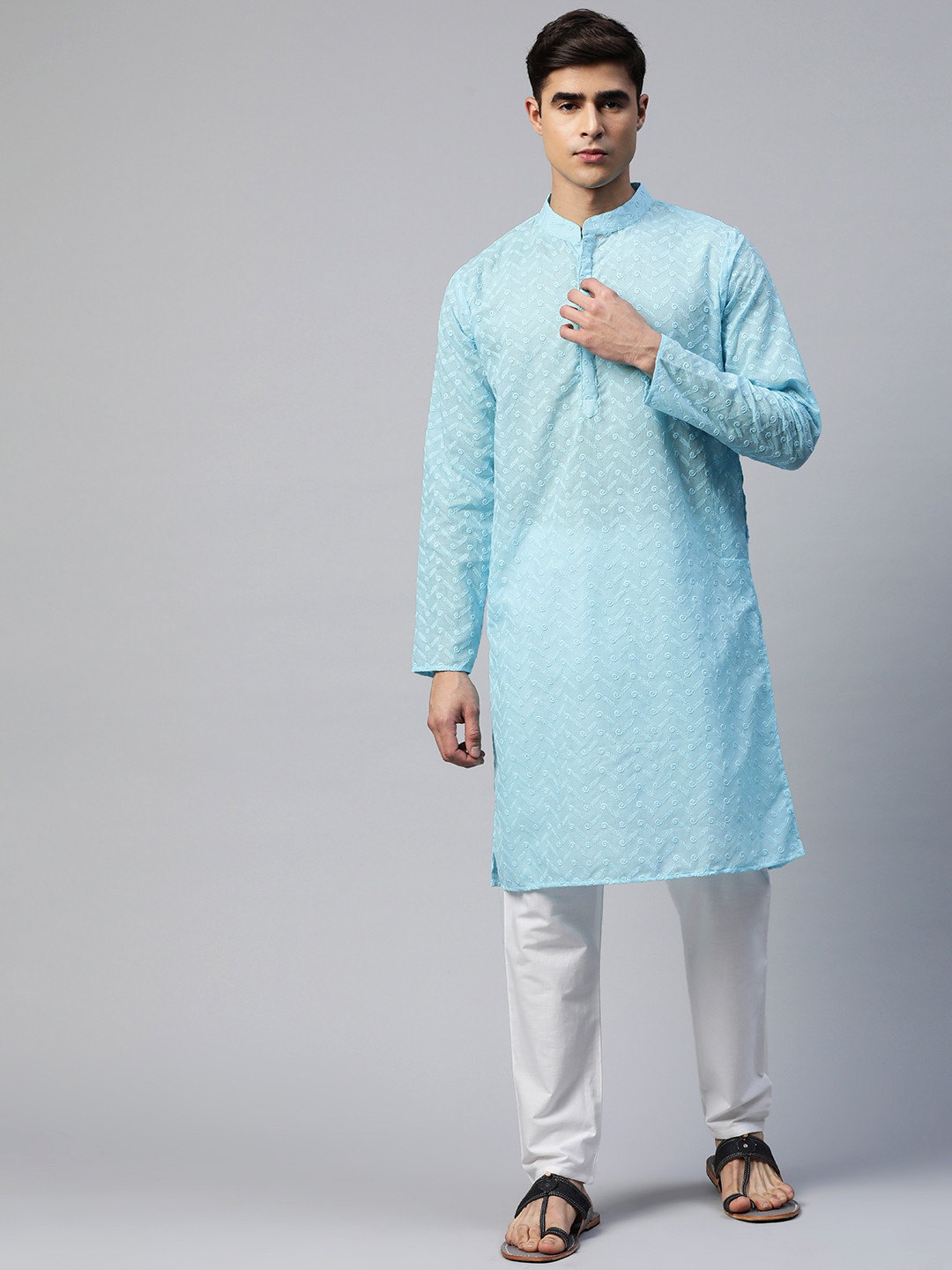 

Readiprint Fashions Men Floral Embroidered Chikankari Pure Cotton Kurta with Pyjamas, Blue