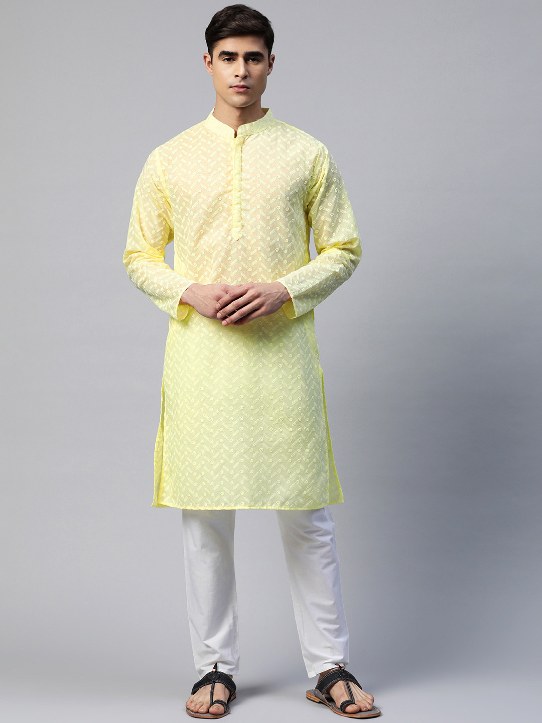 

Readiprint Fashions Men Floral Embroidered Chikankari Pure Cotton Kurta with Pyjamas, Yellow