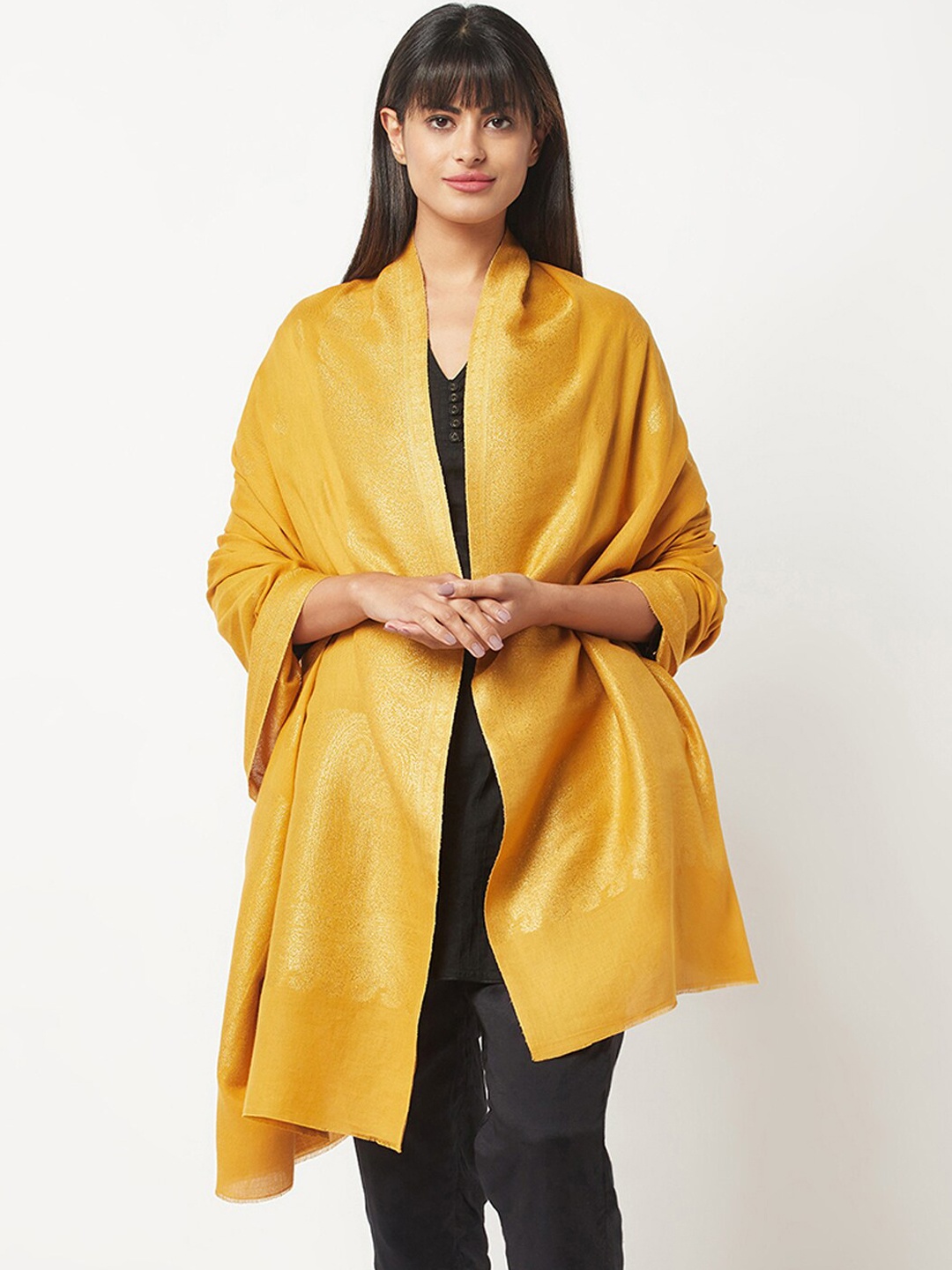 

La Vastraa Women Woven Design Pure Wool Shawl, Yellow