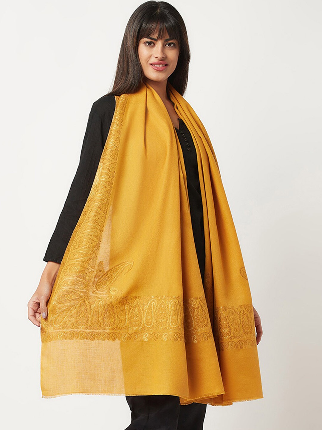 

La Vastraa Women Woven Design Pure Woolen Shawl, Yellow