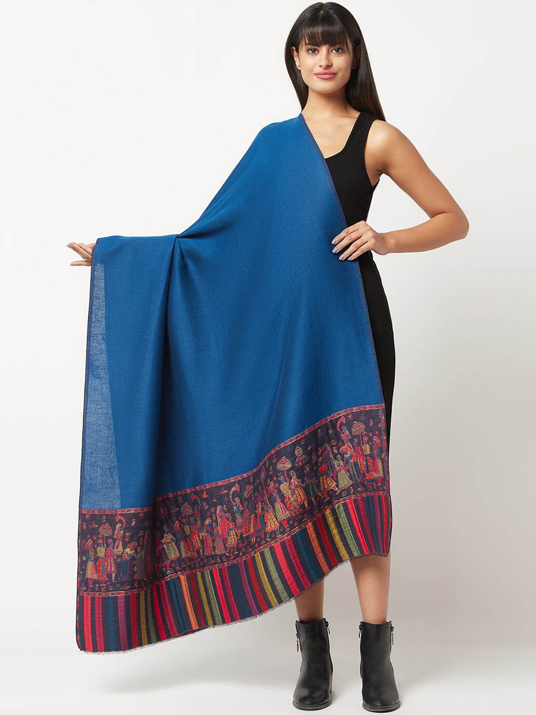 

La Vastraa Women Woven Design Pure Wool Reversible Shawl, Blue