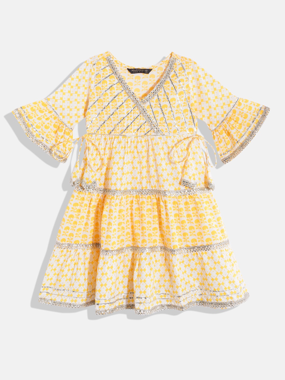 

Readiprint Fashions Floral Print Ethnic Empire Gotta Patti Tiered Cotton Dress, Yellow