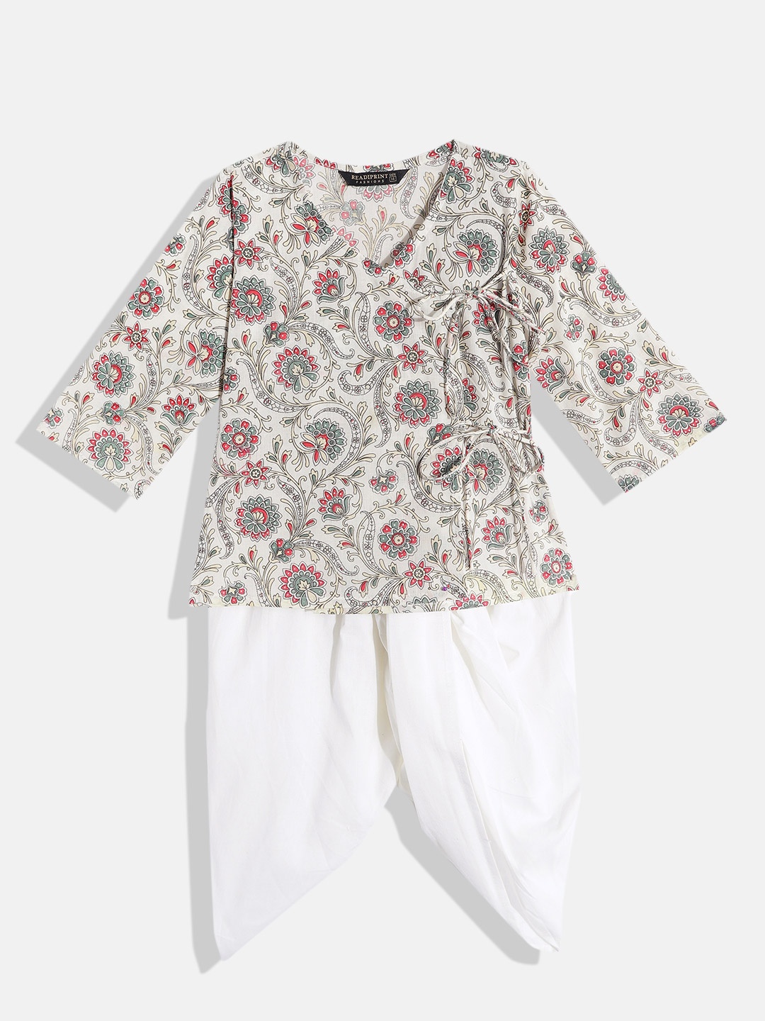 

Readiprint Fashions Boys Floral Printed Angrakha Pure Cotton Kurta with Dhoti Pants, Cream