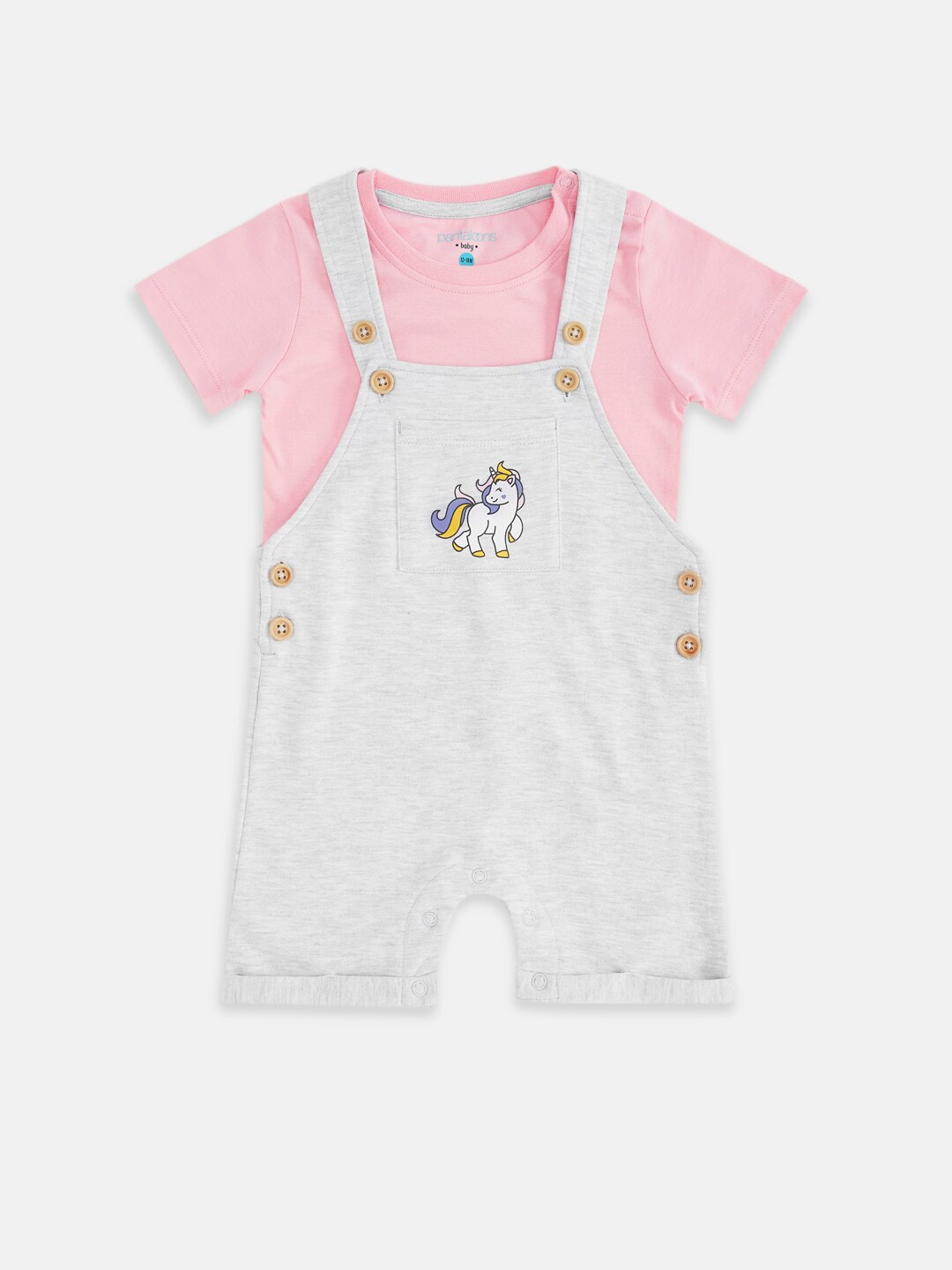

Pantaloons Baby Girls Printed Cotton Dungarees with T-shirt, Off white