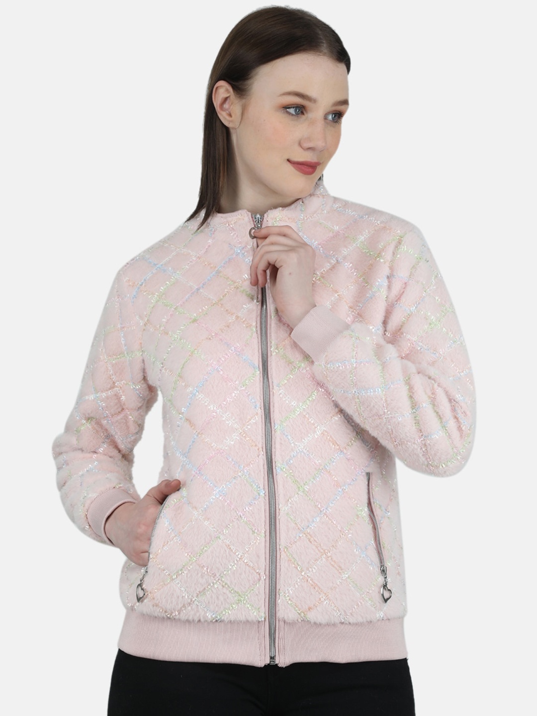 

Monte Carlo Women Self Design Open Front Jacket, Pink
