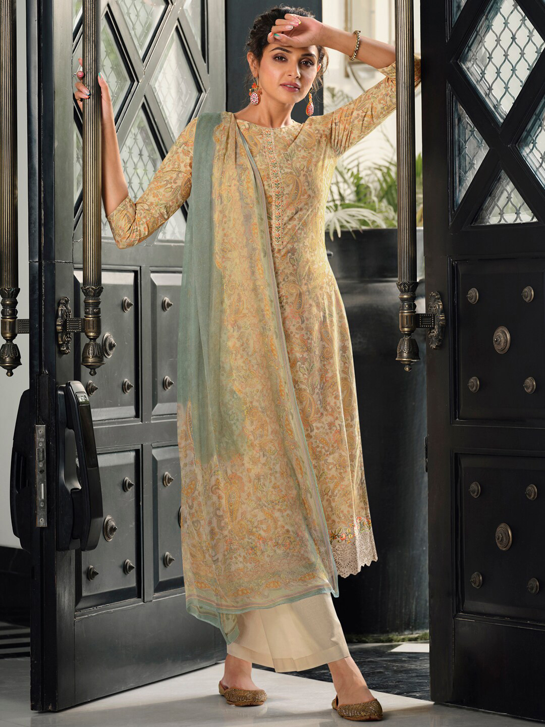 

Stylee LIFESTYLE Printed Cotton Unstitched Dress Material, Cream