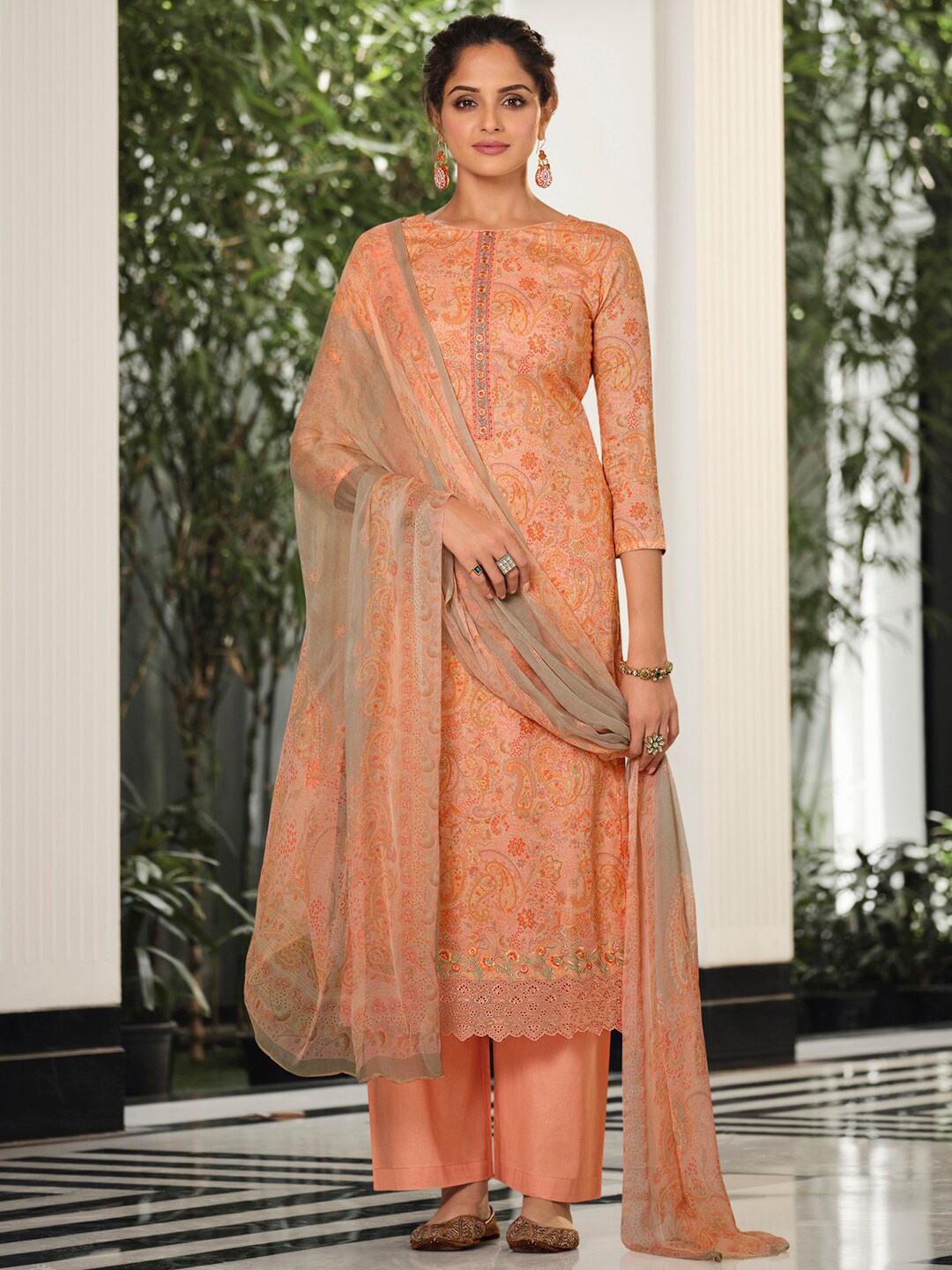 

Stylee LIFESTYLE Printed Cotton Unstitched Dress Material, Peach