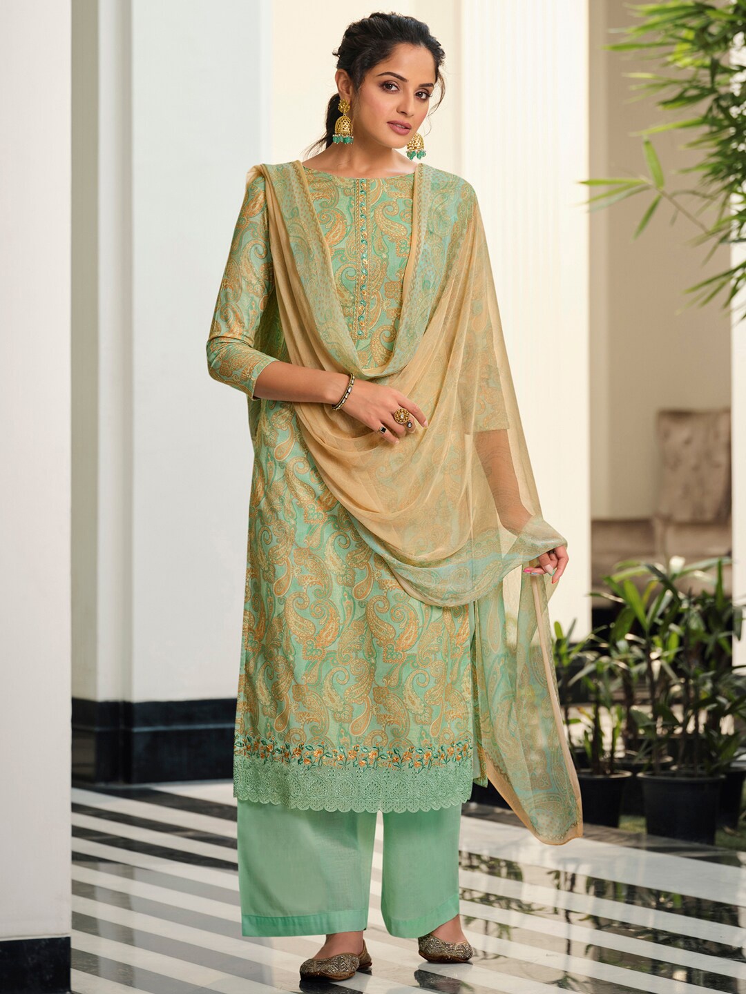 

Stylee LIFESTYLE Printed Cotton Unstitched Dress Material, Green