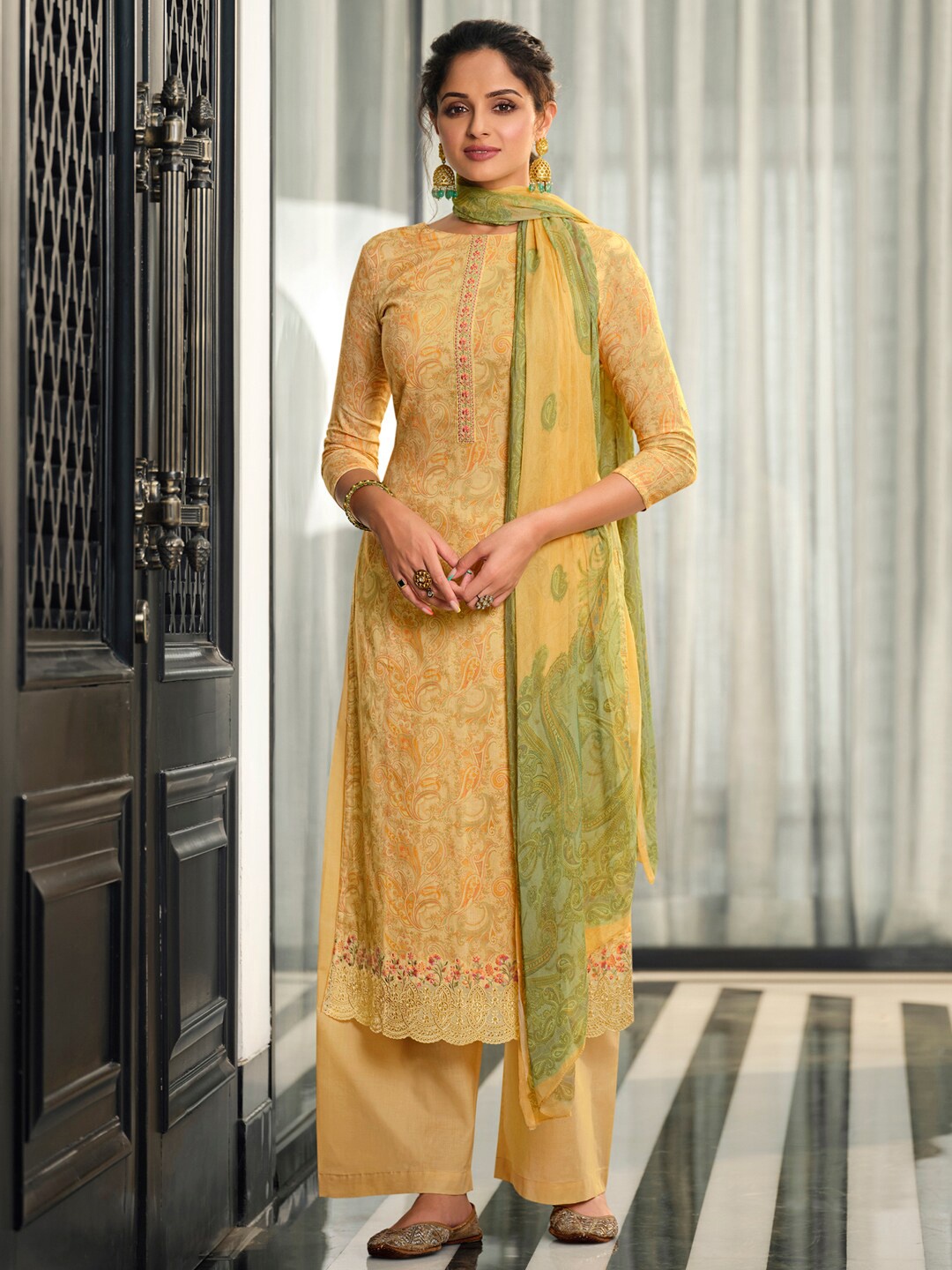 

Stylee LIFESTYLE Printed Cotton Unstitched Dress Material, Yellow