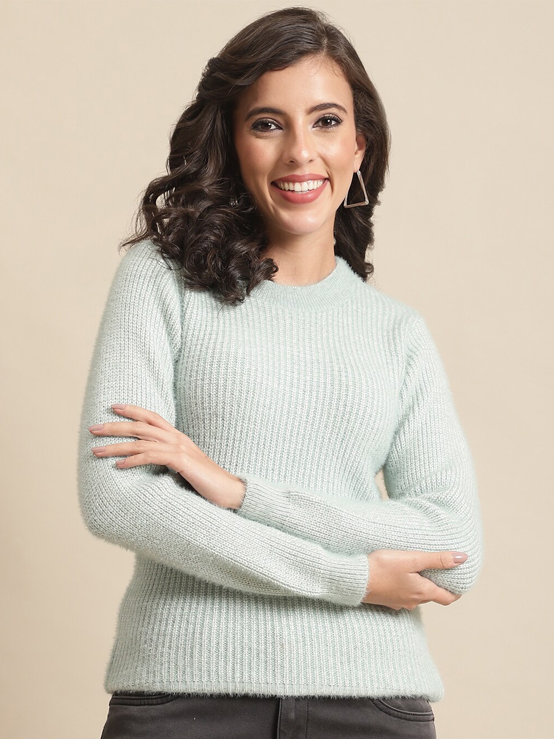 

Cantabil Women Sea Green Round Neck Ribbed Pullover