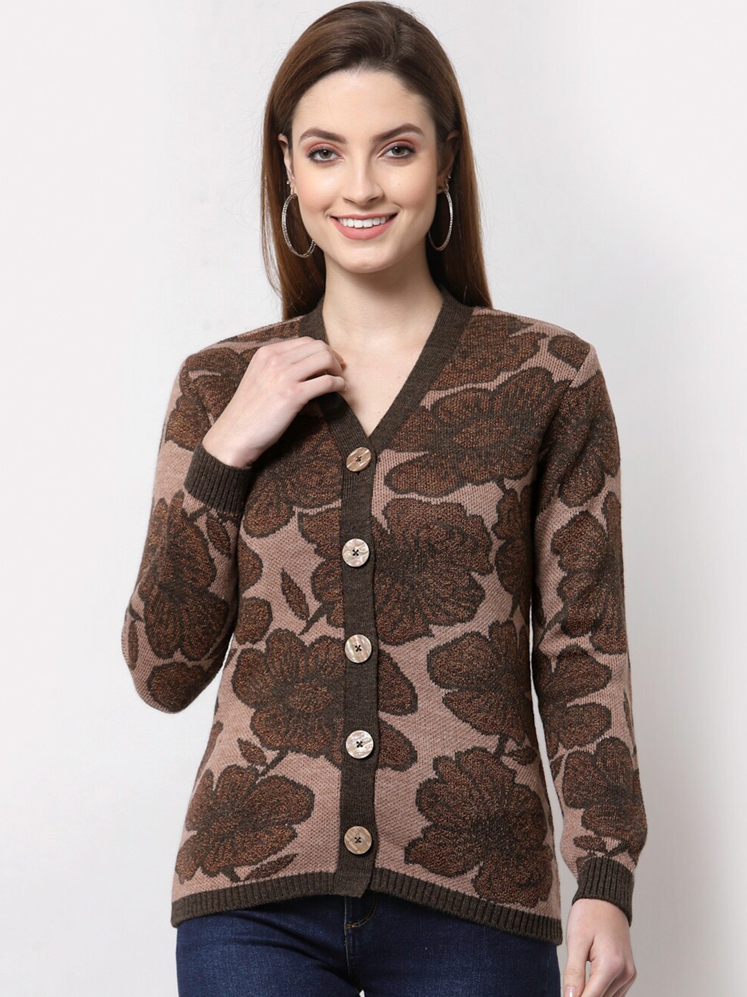 

Kalt Women Brown & Beige Floral Printed Acrylic Cardigan