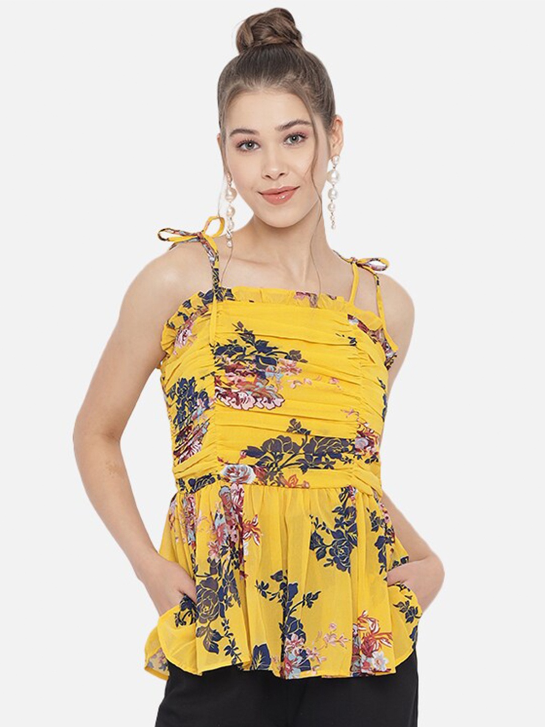 

Trend Arrest Floral Print Tie-up Georgette Top, Yellow