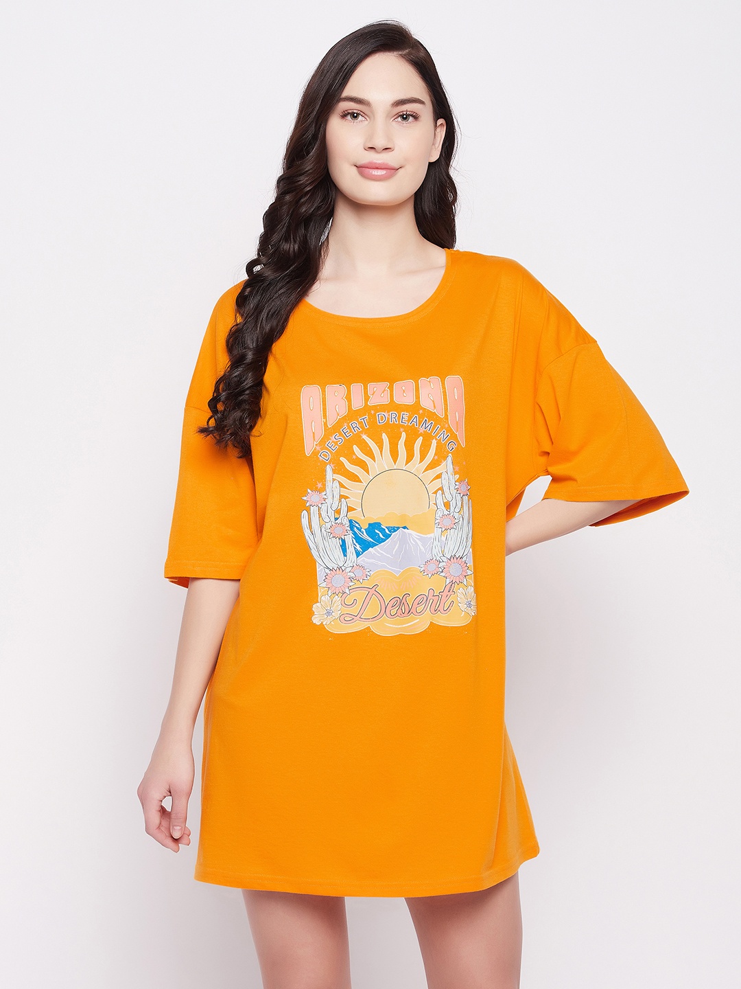 

Clovia Graphic Printed Oversized Pure Cotton Nightdress, Yellow