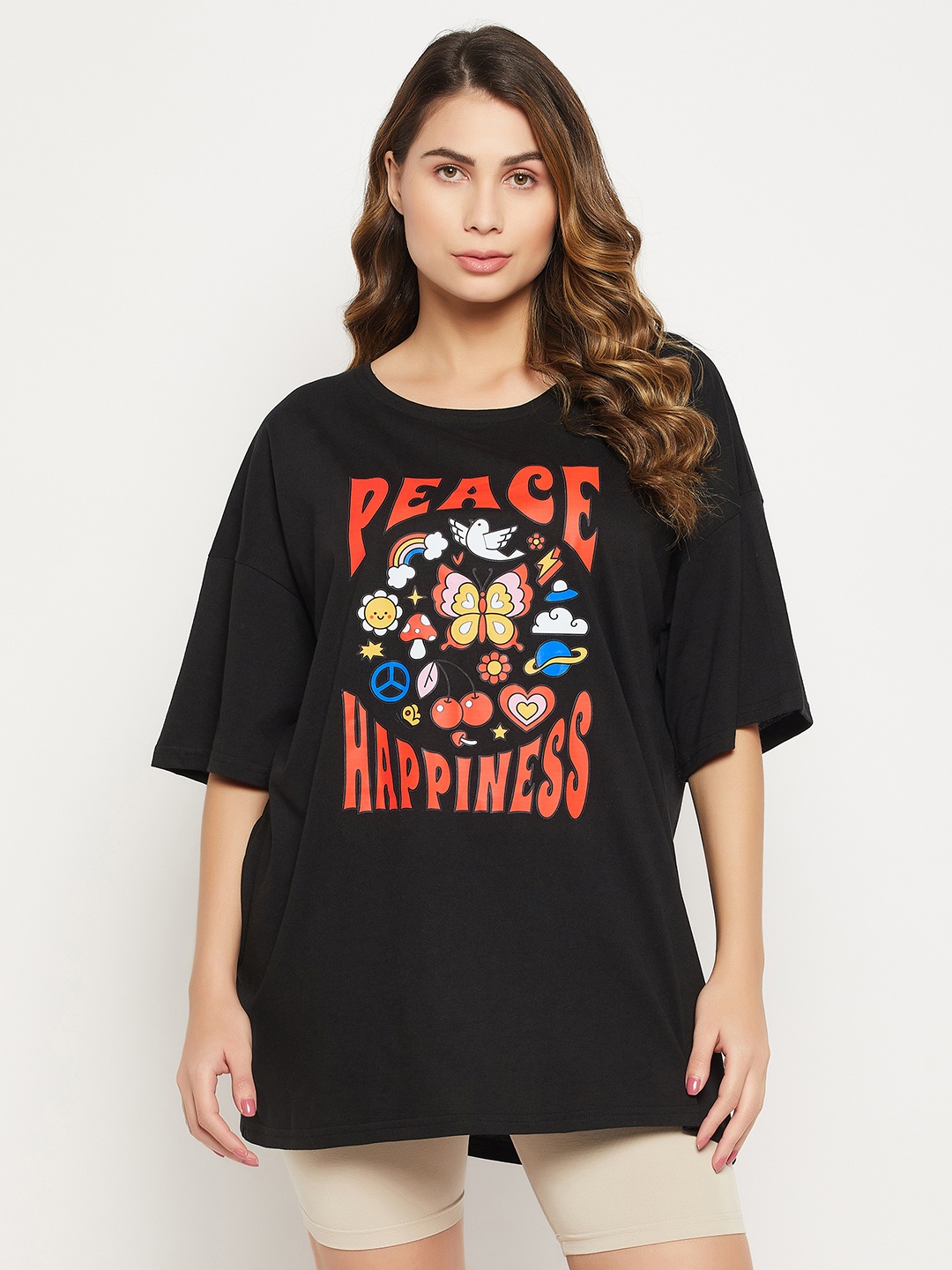 

Clovia Pure Cotton Graphic & Text Print Oversized Lounge T-shirt, Black