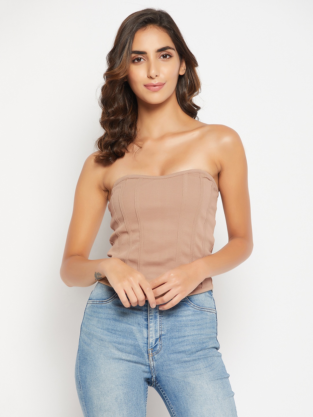 

Clovia Cotton Chic Basic Ribbed Bustier, Beige