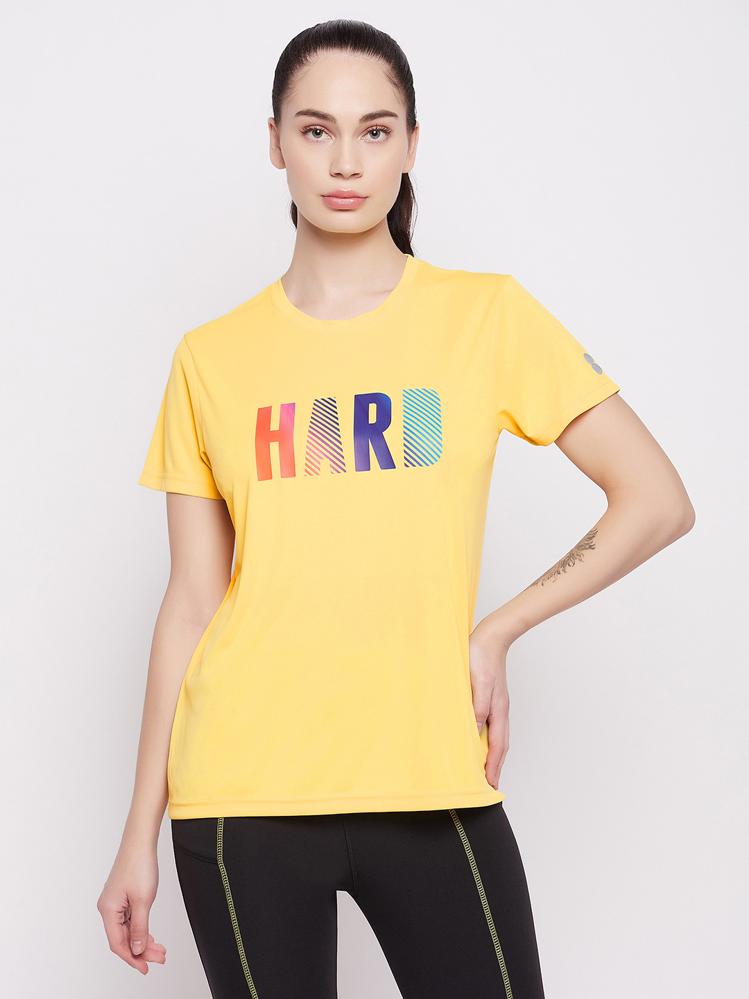 

Clovia Women Comfort-Fit Text Print Active T-shirt, Yellow