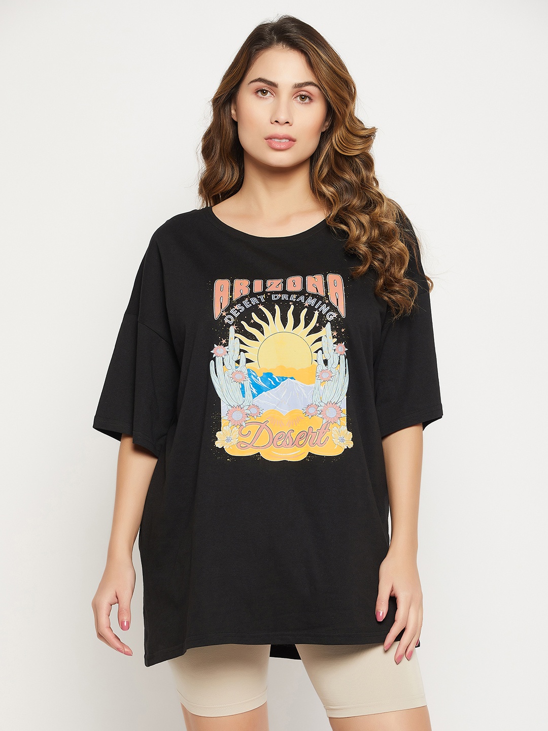 

Clovia Graphic & Text Print Oversized T-shirt, Black