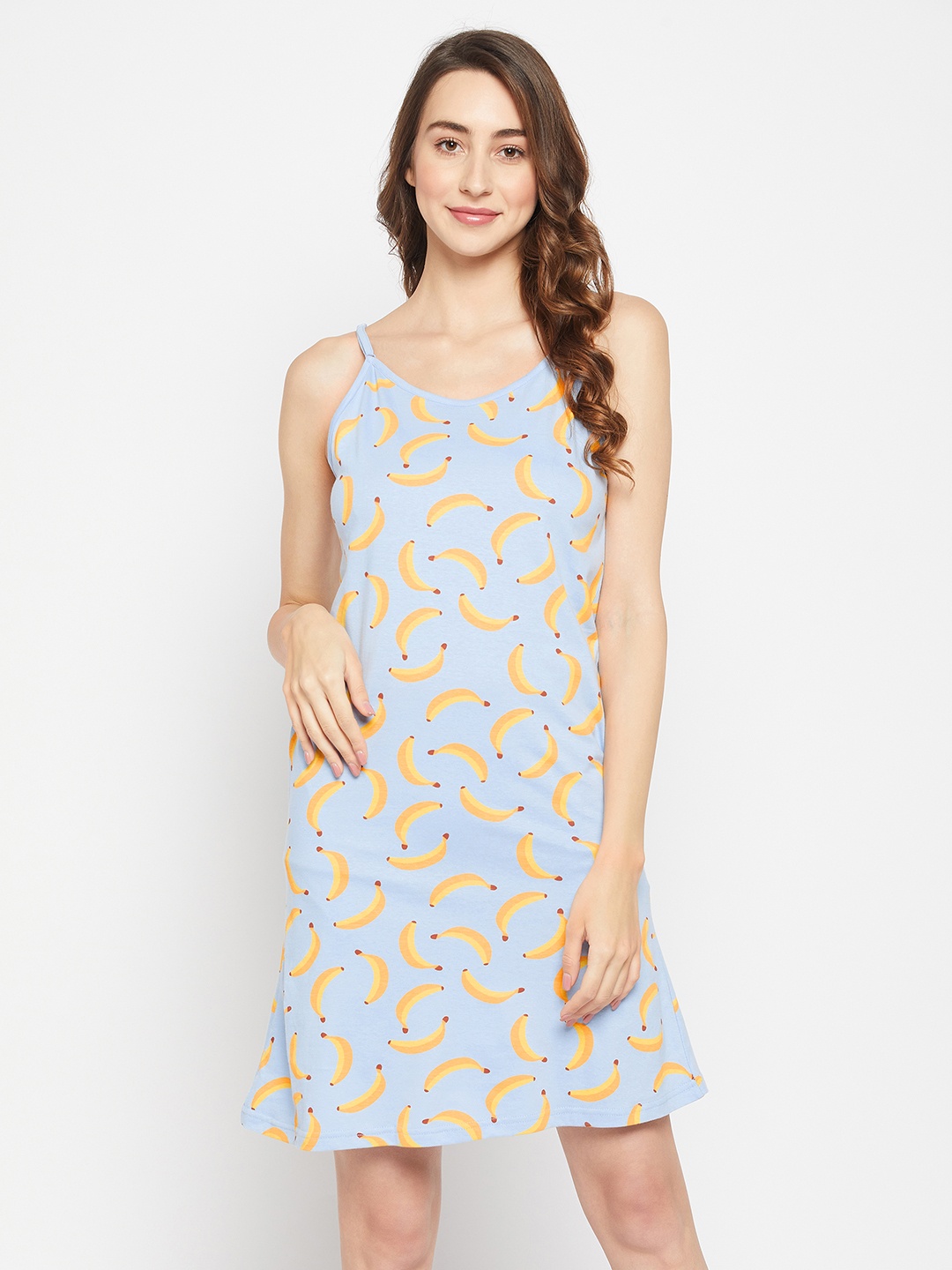 

Clovia Women Banana Print Short Pure Cotton Nightdress, Blue