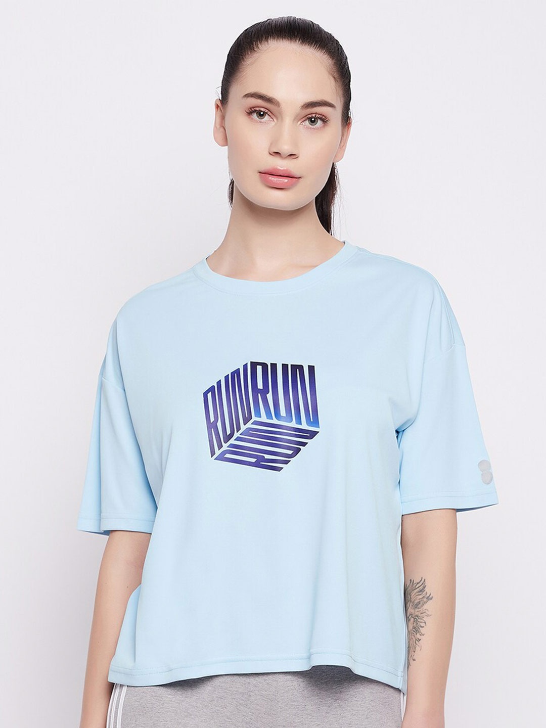 

Clovia Women Typography Printed Drop-Shoulder Sleeves T-shirt, Blue
