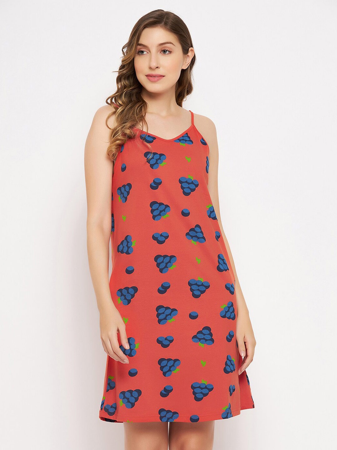 

Clovia Women Tutti Fruity Print Shoulder Straps Short Pure Cotton Nightdress, Red
