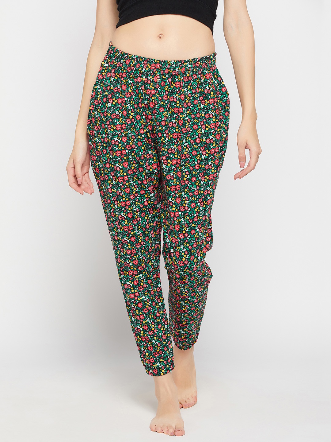 

Clovia Women Pretty Florals Printed Pure Cotton Jogger Style Lounge Pants, Green