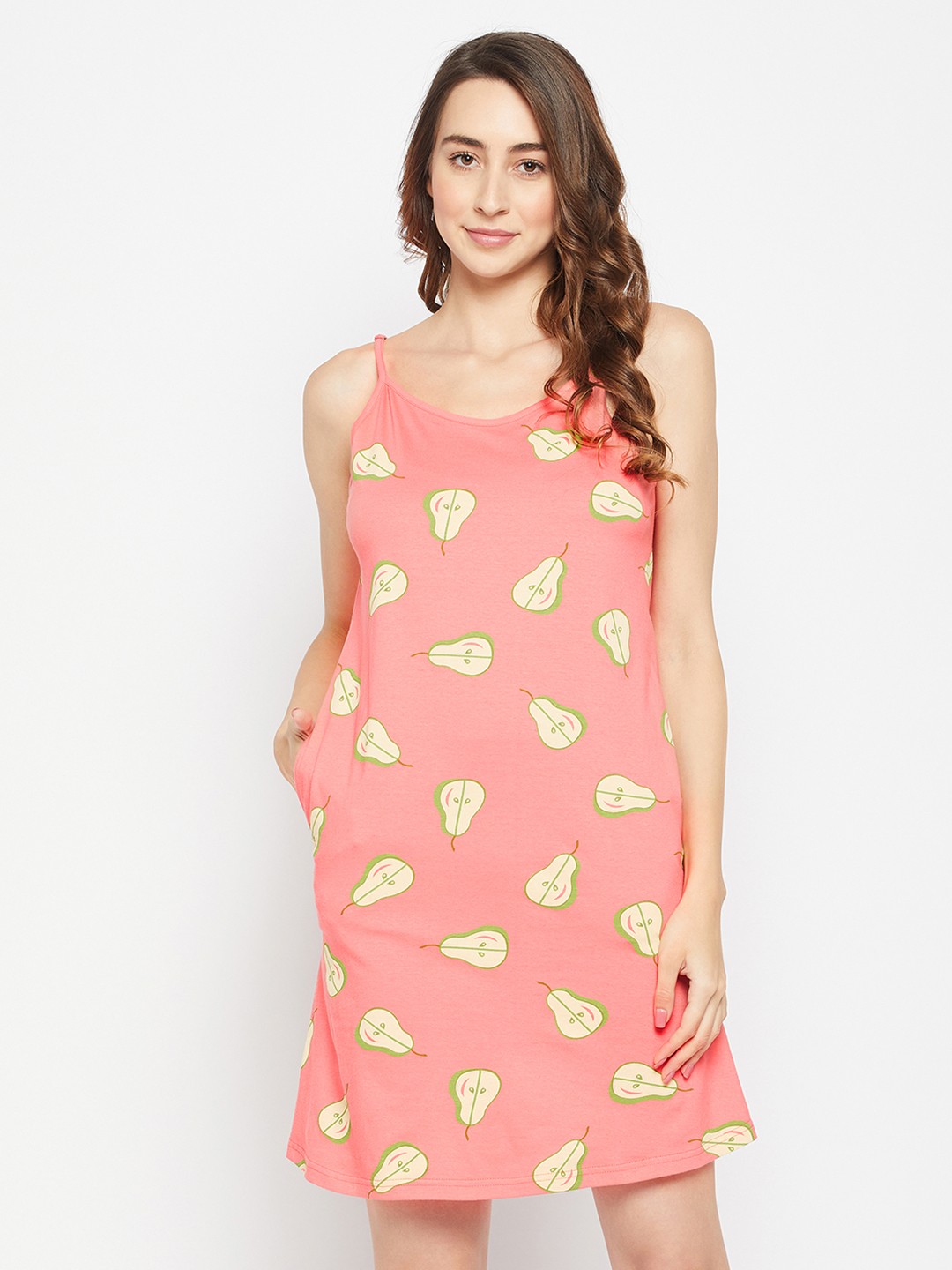 

Clovia Tutti Fruity Printed Pure Cotton Short Nightdress, Peach