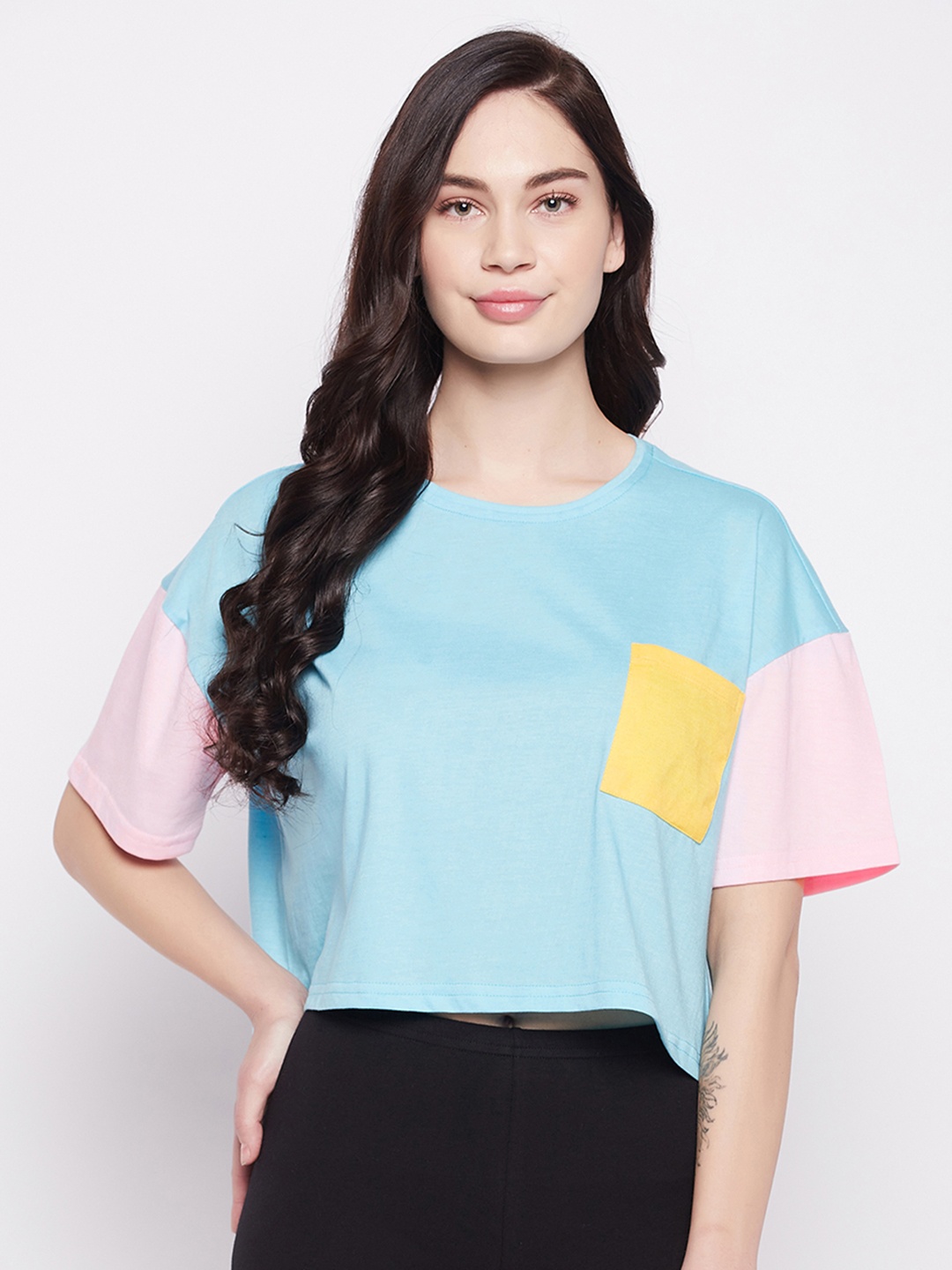 

Clovia Women Colourblocked Short Sleeves Pure Cotton Lounge T-Shirt, Blue