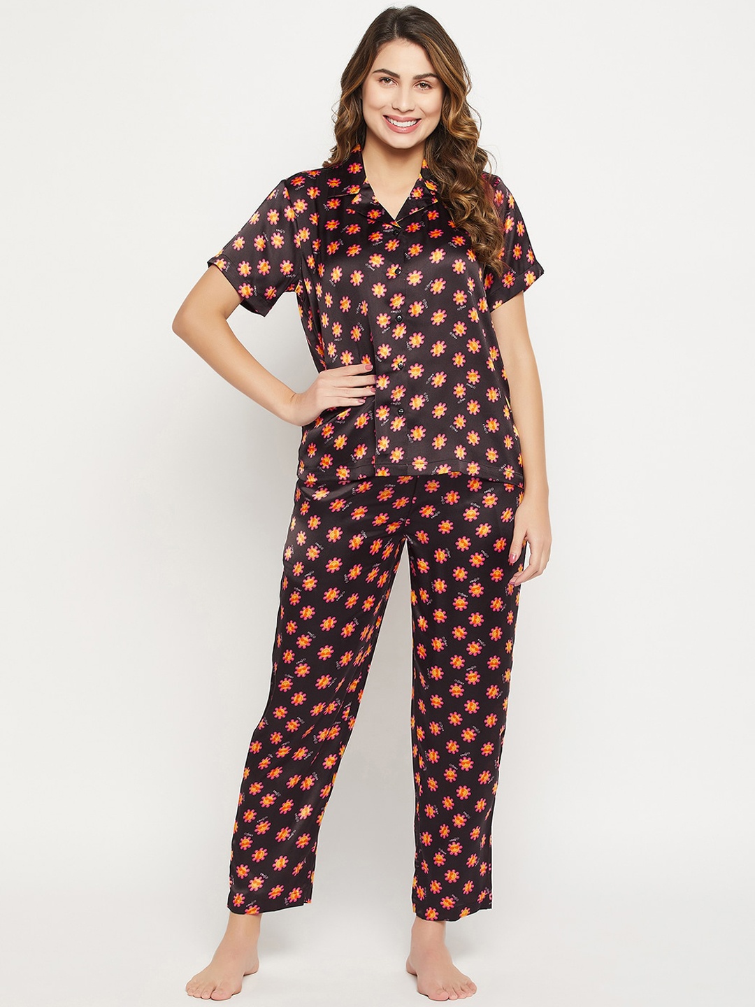 

Clovia Women Printed Button Down Shirt & Pyjama Set, Black