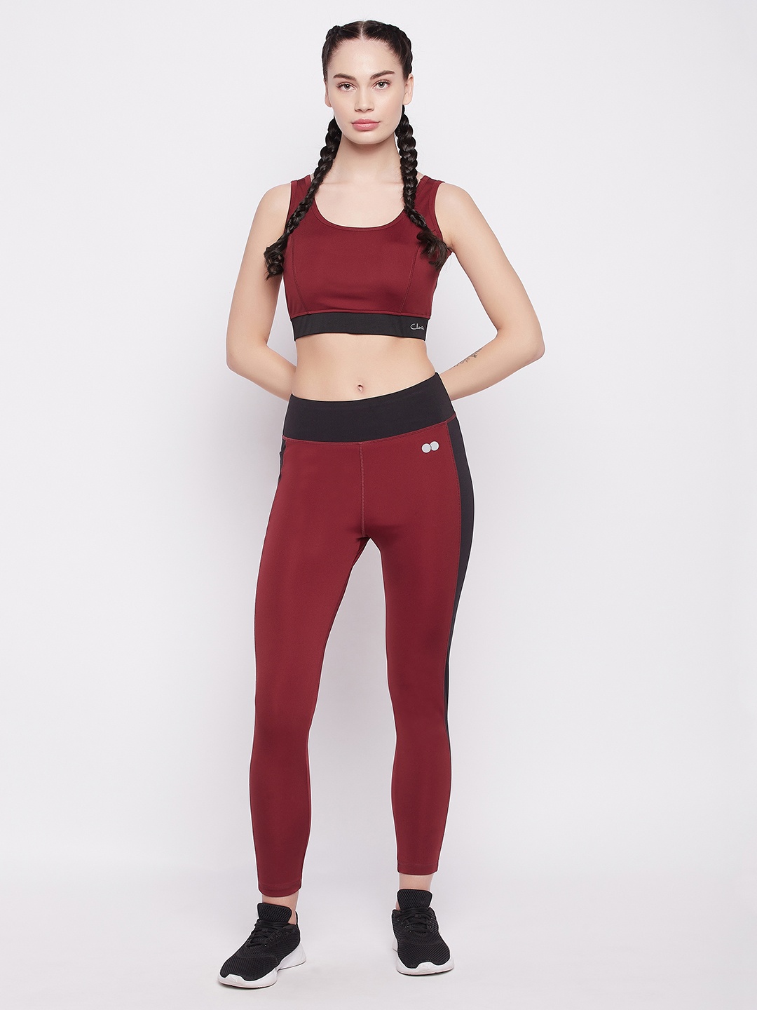 

Clovia Women Solid Padded Non-Wired Sports Bra & High Waist Tights Set, Maroon