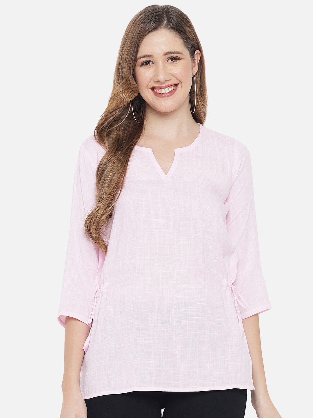 

Indietoga Waist Ti-Up Notch Collar Pure Cotton Top, Pink