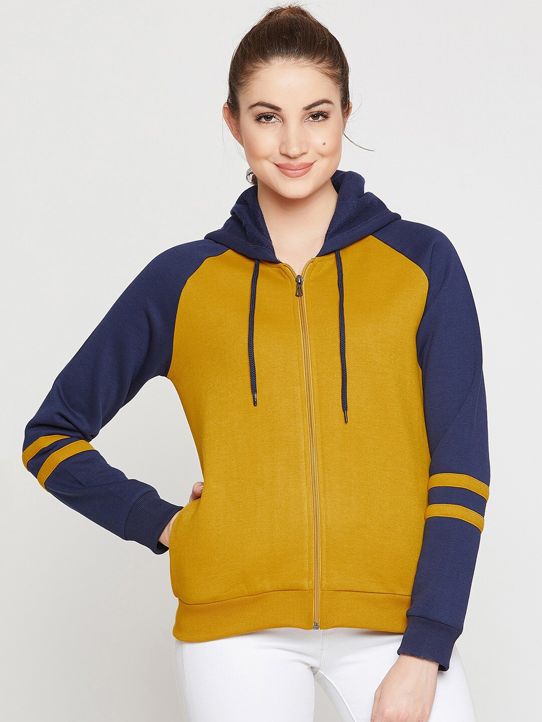 

RARE Women Colourblocked Fleece Hooded Sweatshirt, Mustard