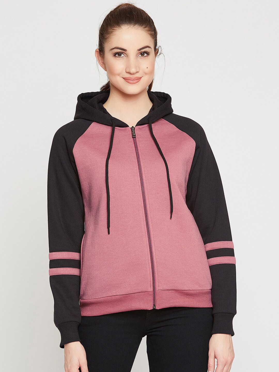 

RARE Women Colourblocked Fleece Hooded Sweatshirt, Pink