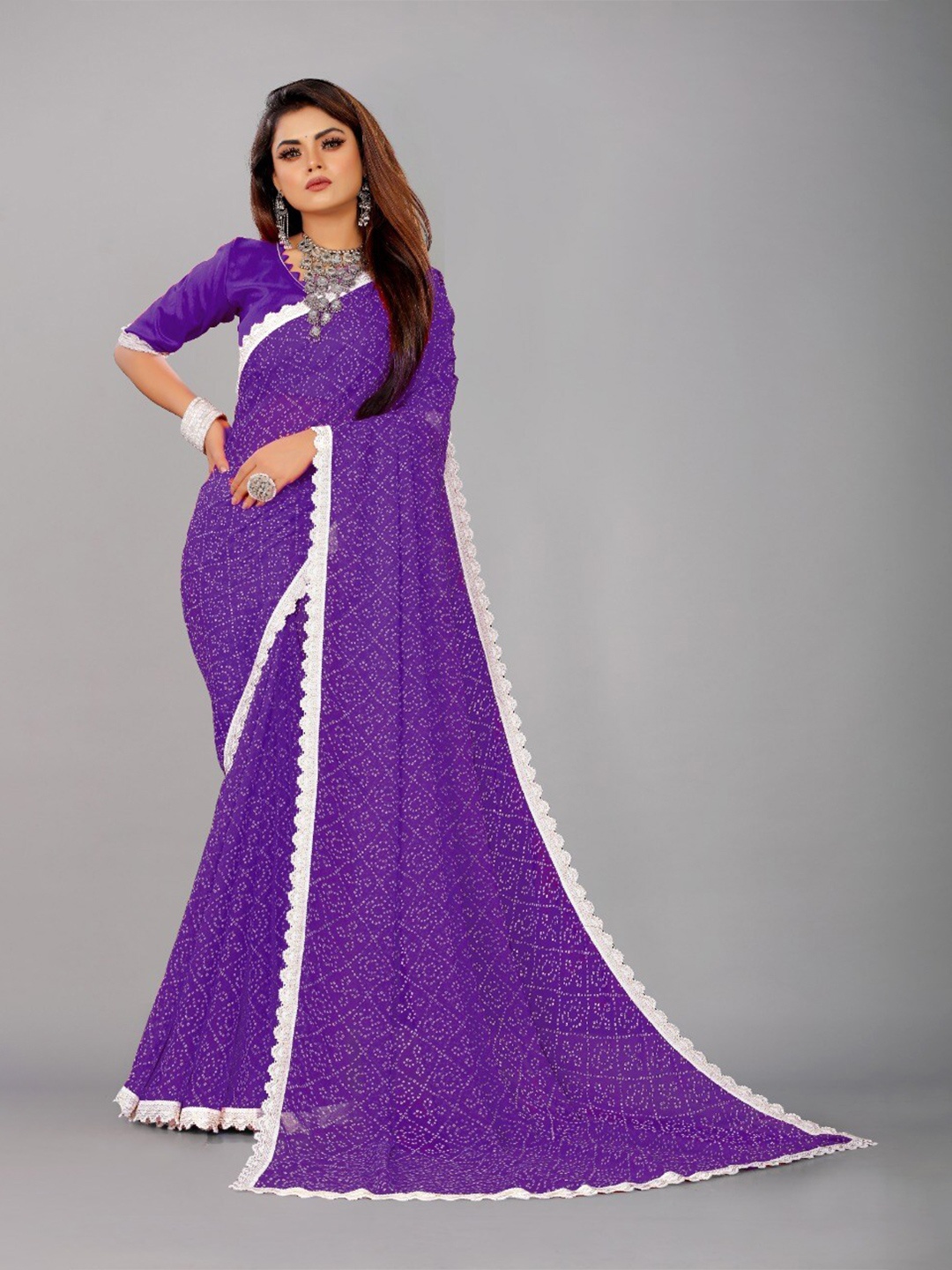 

TIEXA Bandhani Poly Chiffon Saree, Violet