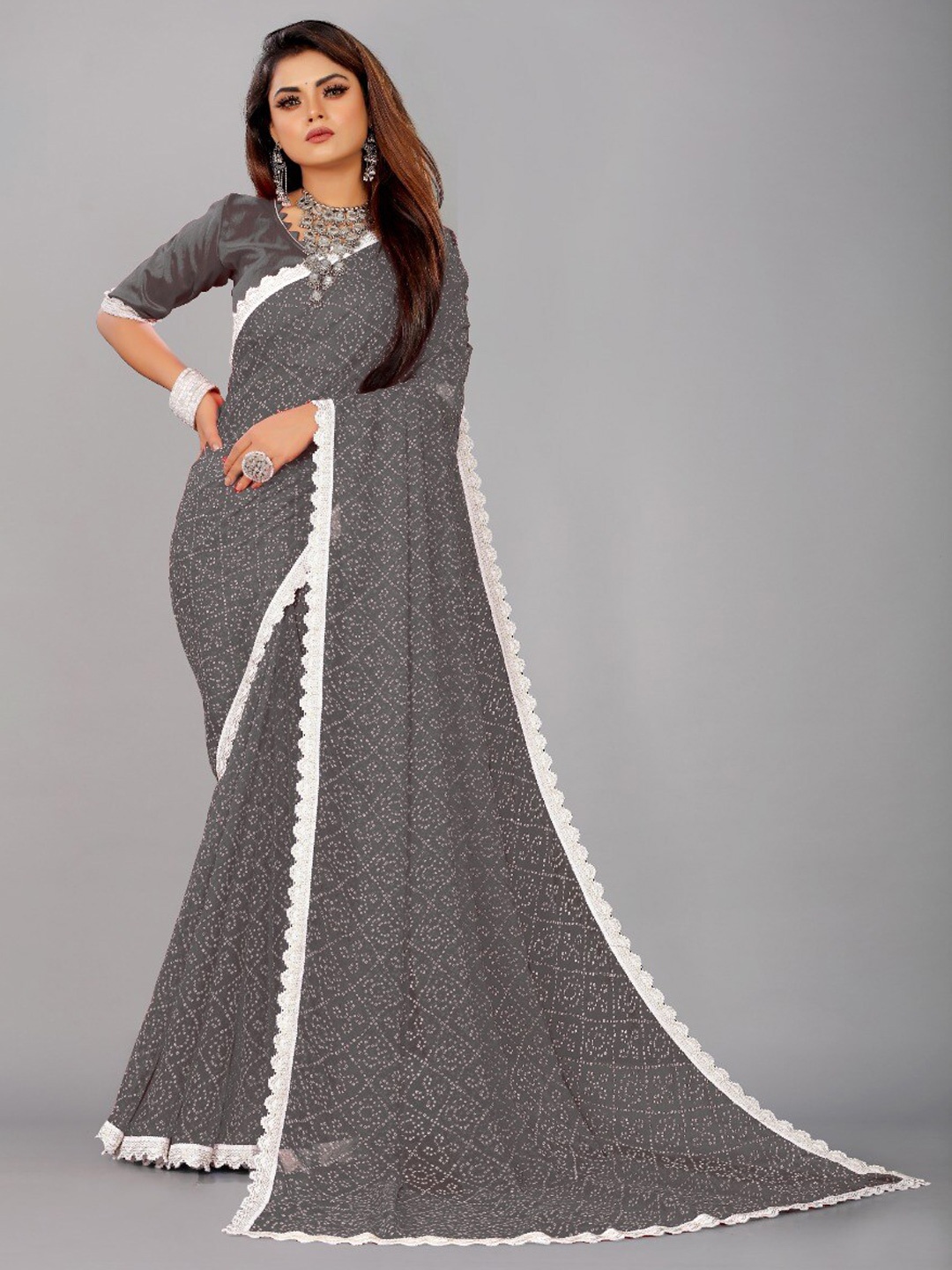 

TIEXA Bandhani Saree, Grey