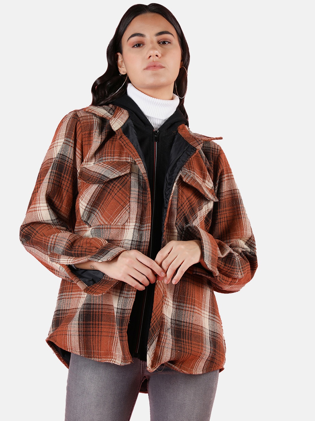 

Dlanxa Women Checked Water Resistant Longline Outdoor Tailored Jacket, Rust