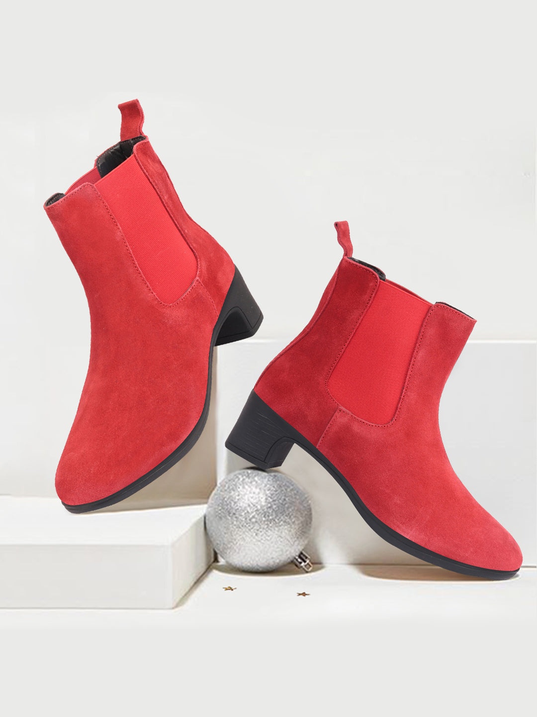 

FAUSTO Women Block-Heeled Mid-Top Chelsea Boots, Red