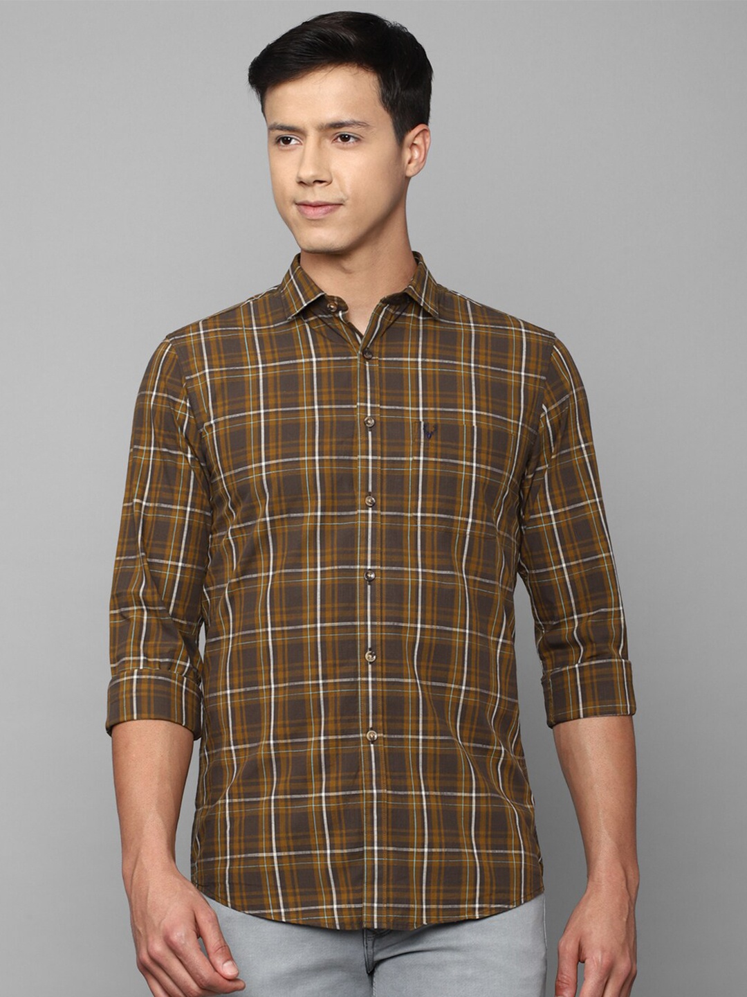 

Allen Solly Men Slim Fit Tartan Checks Checked Cotton Casual Shirt, Brown