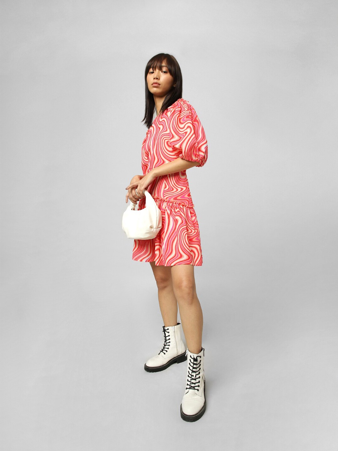 

ONLY Abstract Printed Puff Sleeves Cotton Mini Dress, Red