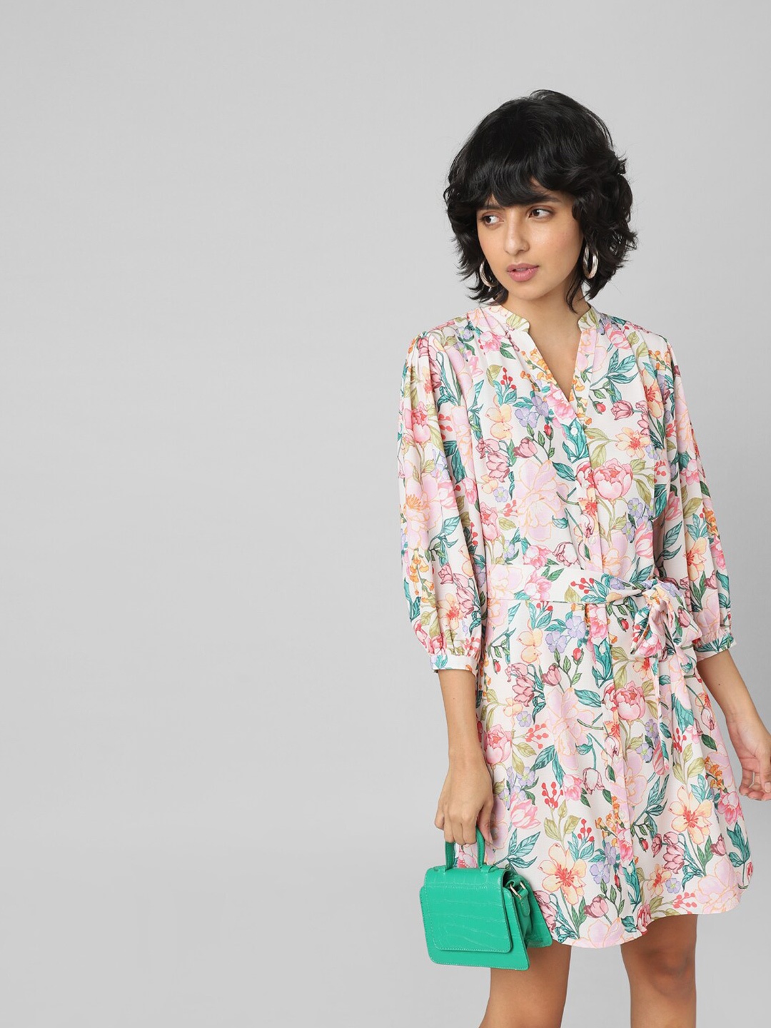 

ONLY Floral Printed Puff Sleeves Shirt Dress, Pink