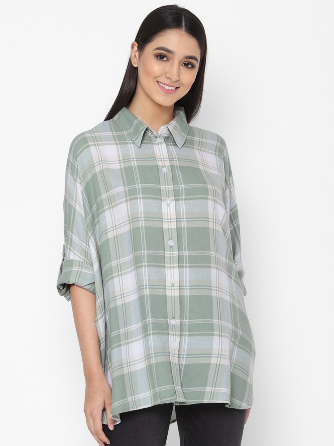 

AMERICAN EAGLE OUTFITTERS Women Cotton Tartan Checks Checked Casual Shirt, Green