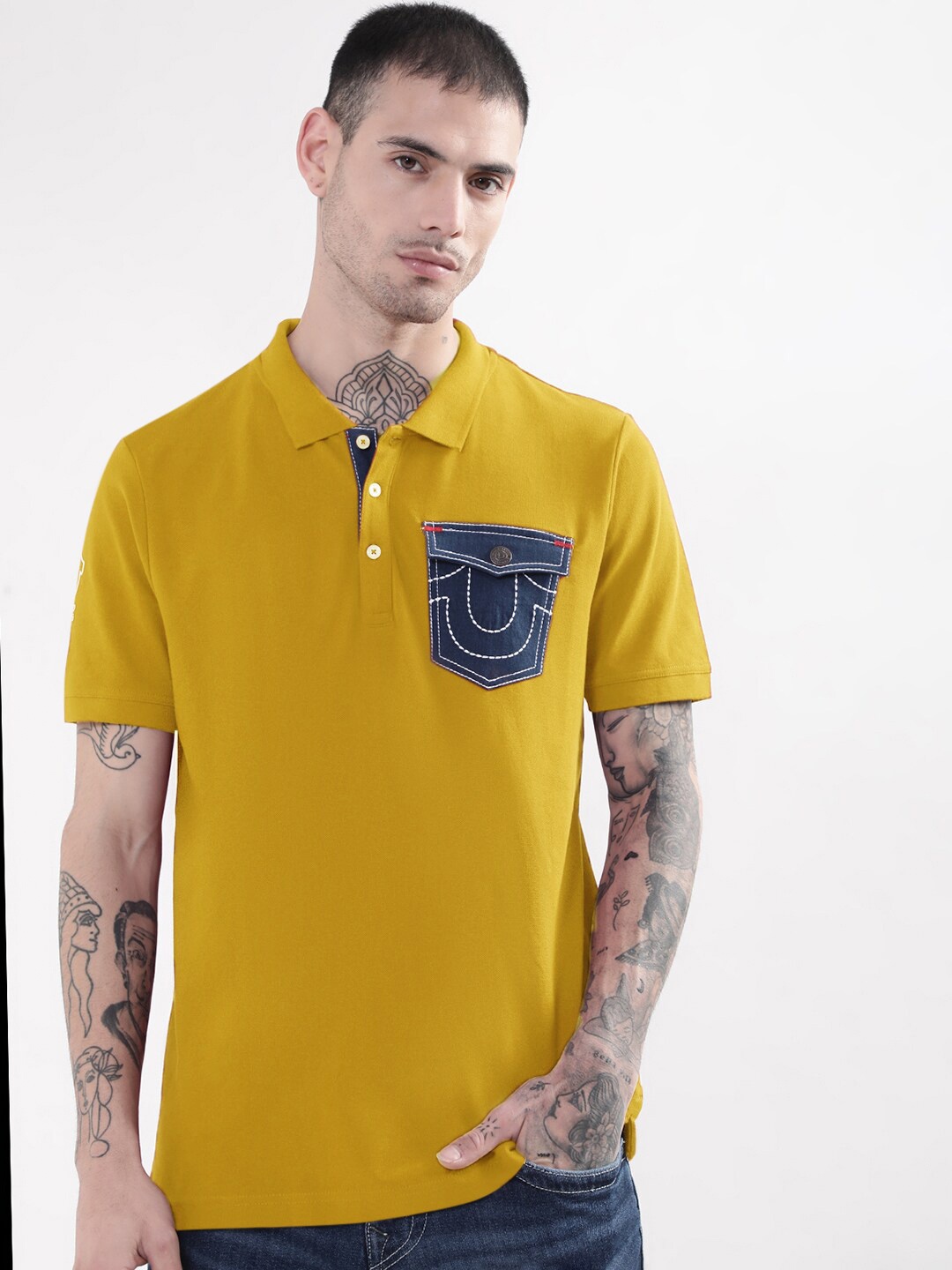 

True Religion Men Polo Collar Pocket Detail Pure Cotton T-shirt, Yellow