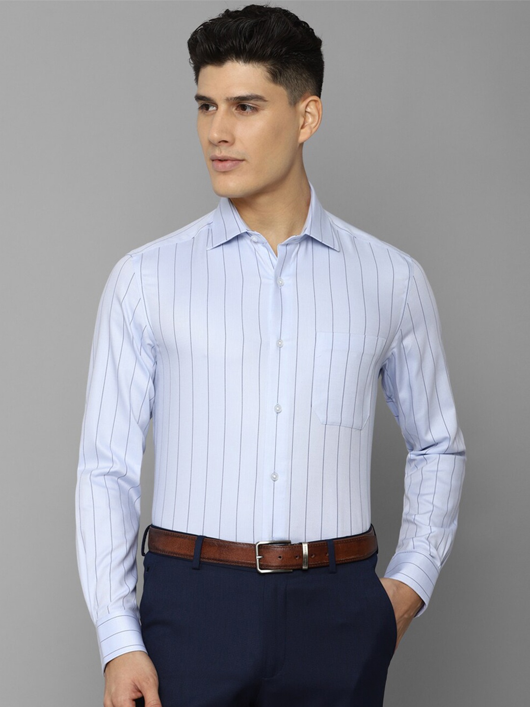 

Louis Philippe Men Slim Fit Striped Pure Cotton Formal Shirt, Blue