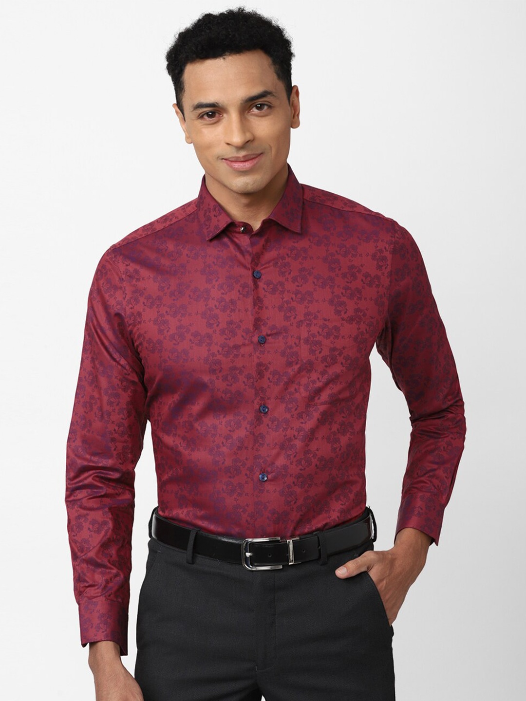 

Peter England Elite Men Slim Fit Floral Printed Pure Cotton Formal Shirt, Maroon