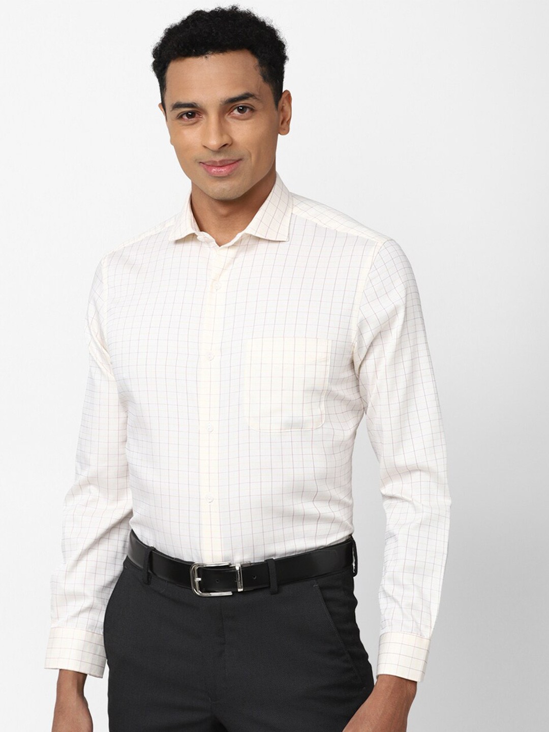

Peter England Elite Men Grid Tattersall Checked Formal Cotton Shirt, Cream